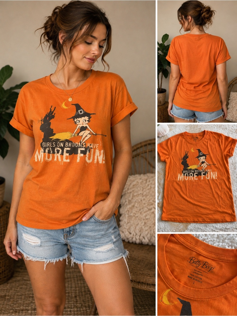 Betty boop girls on brooms have more fun size L women’s orange RARE